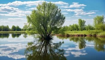 ai generado tranquilo escena, árbol refleja en claro estanque generado por ai foto