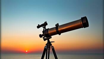 ai generado acecho el puesta de sol con un mano retenida telescopio generado por ai foto