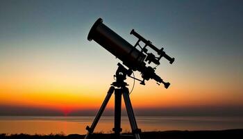 ai generado acecho el puesta de sol con un mano retenida telescopio generado por ai foto