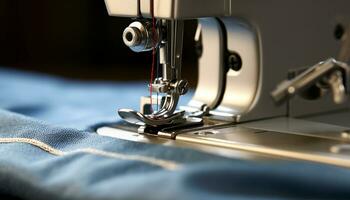 ai generado de coser máquina carrete hilo, prenda industria maquinaria generado por ai foto