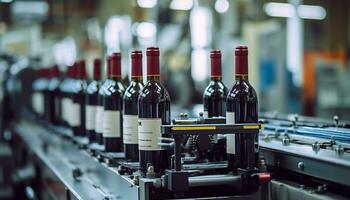 AI generated Wine bottles in a row, automated manufacturing process generated by AI photo