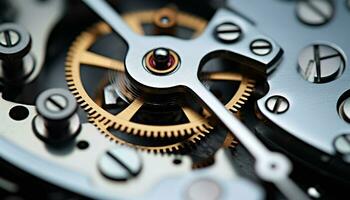 AI generated Close up of a wristwatch metal machinery in motion generated by AI photo