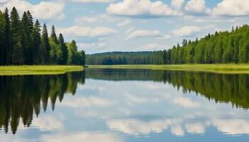 AI generated Tranquil scene of a green forest reflecting on water generated by AI photo