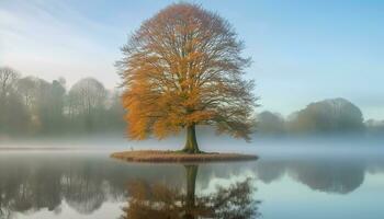 AI generated Tranquil autumn forest reflects vibrant colors in pond generated by AI photo