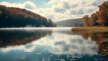 AI generated Autumn landscape, tranquil forest, yellow trees, reflection on water generated by AI photo