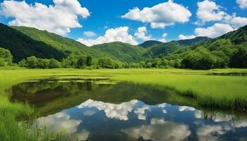 AI generated Majestic mountain peak reflects in tranquil pond generated by AI photo