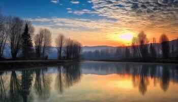 ai generado puesta de sol terminado el tranquilo agua, reflejando naturaleza belleza generado por ai foto