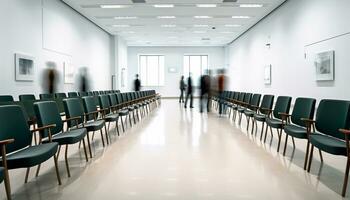 AI generated Empty chairs in a row inside a modern auditorium generated by AI photo