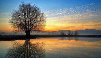ai generado tranquilo escena, puesta de sol refleja en agua, naturaleza belleza generado por ai foto