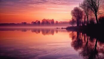 AI generated Sunset over water, nature tranquil scene in twilight generated by AI photo