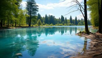 ai generado tranquilo escena de un verde bosque reflejando en agua generado por ai foto