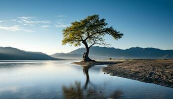 AI generated Tranquil scene of a mountain reflecting in water generated by AI photo