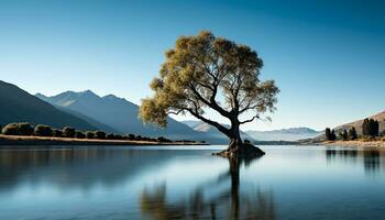 AI generated Tranquil scene of mountain reflection in clear water generated by AI photo