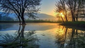 ai generado tranquilo escena de reflexión, árbol, y agua generado por ai foto