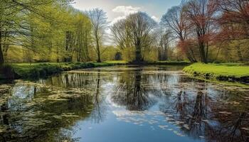 AI generated Tranquil scene of autumn forest reflects on pond generated by AI photo