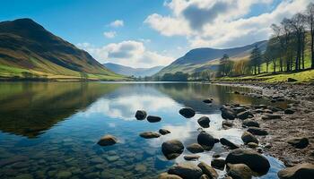 AI generated Majestic mountain peak reflects in tranquil pond generated by AI photo