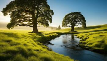 AI generated Sunset over meadow, tree silhouettes in tranquil scene generated by AI photo