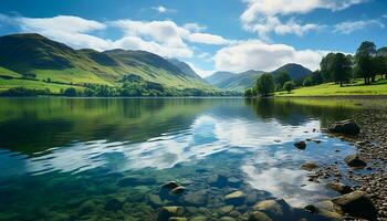 AI generated Tranquil scene of a mountain reflecting in water generated by AI photo