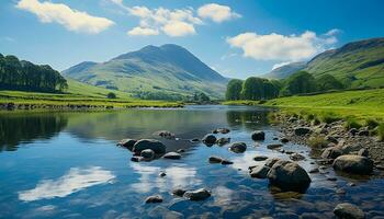 AI generated Mountain peak reflects in tranquil flowing water generated by AI photo