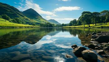 AI generated Tranquil scene of green meadow, mountain peak, and flowing water generated by AI photo