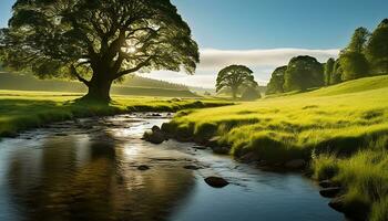 AI generated Tranquil scene of green meadow and flowing water generated by AI photo