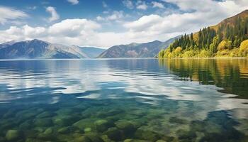 ai generado tranquilo escena de montaña reflexión en azul agua generado por ai foto