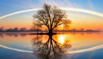 ai generado silueta de árbol refleja tranquilo puesta de sol en agua generado por ai foto