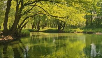 ai generado tranquilo escena de un verde bosque en verano generado por ai foto