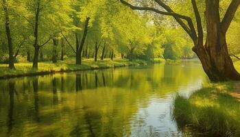 AI generated Tranquil scene of green meadow, tree, and pond generated by AI photo