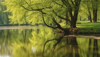 AI generated Tranquil scene of a green forest reflecting in water generated by AI photo