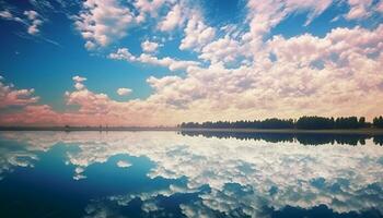 ai generado azul cielo refleja en tranquilo agua a puesta de sol generado por ai foto