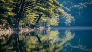 AI generated Tranquil scene of autumn forest reflects in water generated by AI photo