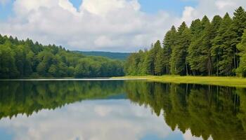 AI generated Tranquil summer meadow reflects blue sky and green trees generated by AI photo