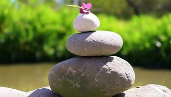 AI generated Tranquil scene of balanced stone stack in nature generated by AI photo