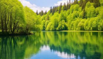 AI generated Tranquil scene of a green forest reflecting in water generated by AI photo