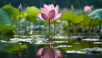 ai generado hermosa rosado loto flor flotante en tranquilo agua generado por ai foto