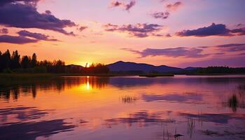 AI generated Sunset over water, nature tranquil scene reflects beauty generated by AI photo