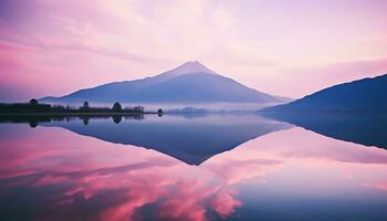 AI generated Majestic mountain peak reflects tranquil sunset over water generated by AI photo