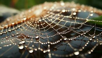 AI generated Freshness of dew on spider web in nature generated by AI photo