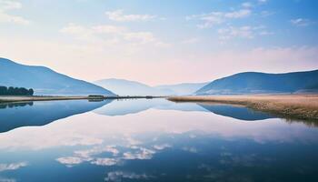 AI generated Tranquil scene of mountain peak reflecting in pond generated by AI photo