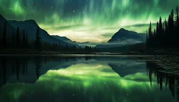 AI generated Majestic mountain peak reflects tranquil Milky Way generated by AI photo