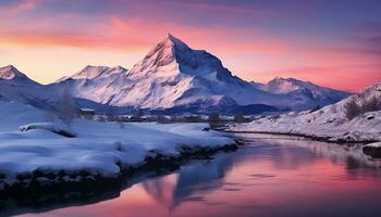 ai generado majestuoso montaña pico refleja tranquilo puesta de sol en glacial agua generado por ai foto