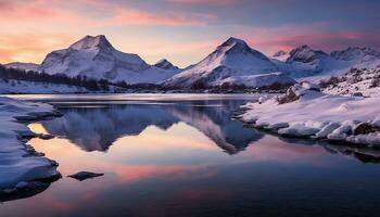 ai generado majestuoso montaña pico refleja tranquilo puesta de sol en agua generado por ai foto