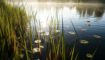 AI generated Tranquil scene of a pond reflecting green grass generated by AI photo