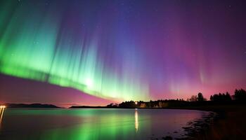 AI generated Majestic star trail illuminates tranquil arctic landscape generated by AI photo