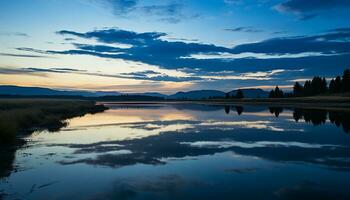 AI generated Tranquil sunset reflects on water, nature beauty generated by AI photo