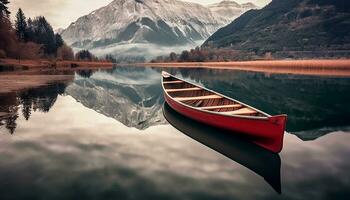 AI generated Tranquil scene of canoeing on a mountain lake generated by AI photo