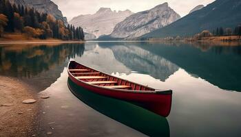 AI generated Tranquil scene of canoeing on a mountain lake generated by AI photo