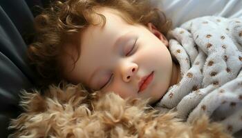AI generated Cute baby sleeping peacefully, surrounded by fluffy blankets generated by AI photo