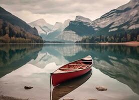 AI generated Tranquil scene of canoeing on remote mountain lake generated by AI photo